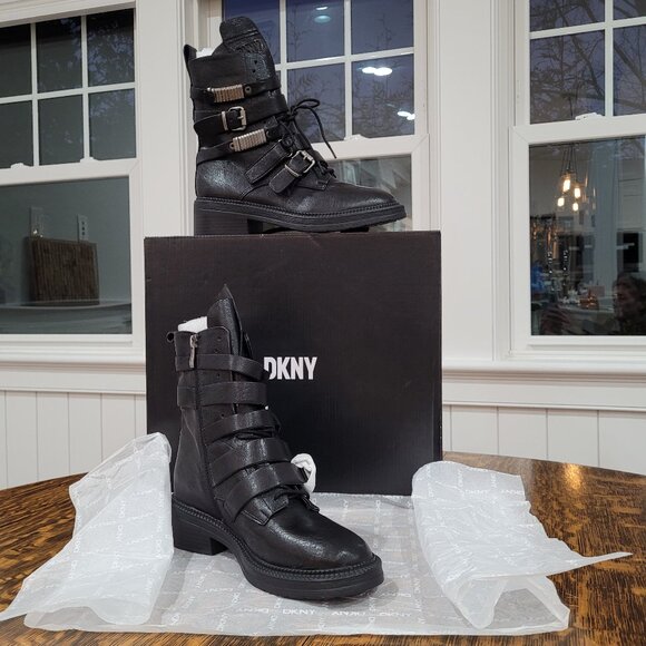 DKNY Buckled Straps Accent Combat Boots. Black Leather and Silver-Tone Metal. 7. - Picture 7 of 11